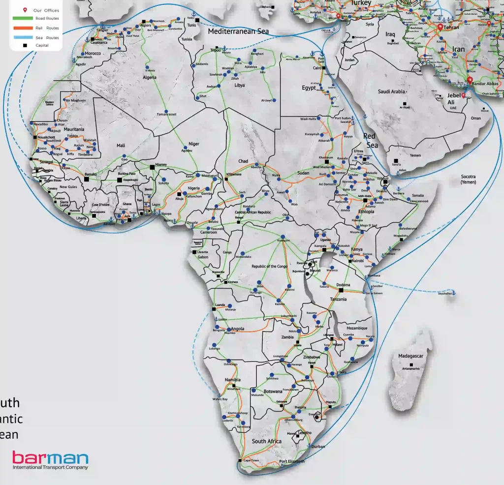حمل و نقل بین المللی به کشورهای سودان، نیجر، اتیوپی، نیجریه، ساحل عاج، سنگال، بنین، سیرالئون ، کنیا، تانزانیا 1